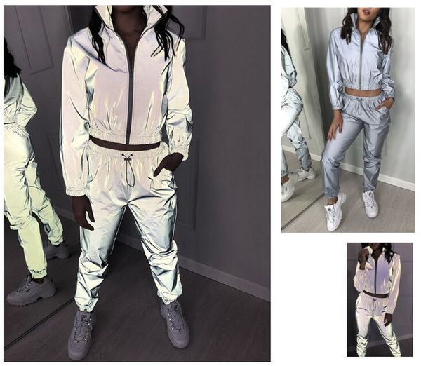 

women tracksuit reflective color two pcs sport wear zipper+ pants woman jogging suits womens sweatsuits feem clothes, Gray