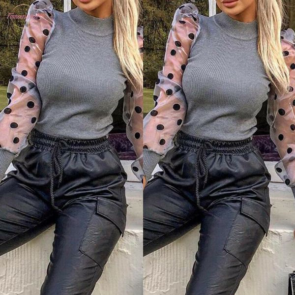 

women sheer mesh puff long sleeve patchwork knit blouse polka dot perspective high collar fashion autumn pullover, White