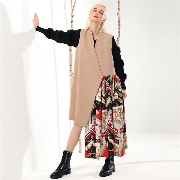

women vest 2019 new solid color spliced printed loose vest coat black lace irregular casual long elegant sleeveless jackets, Black;white
