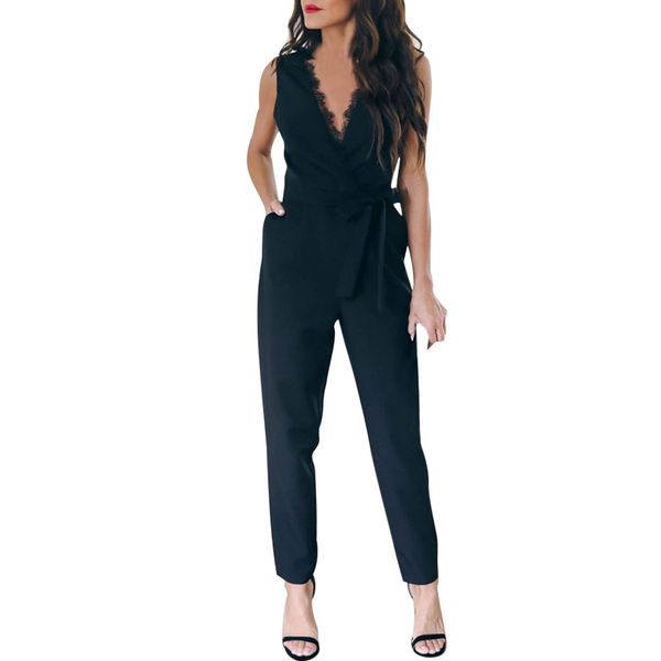 

womail 2019 women sleeveless v neck pocket lace up long jumpsuit overalls body suit white causal rompers summer 2019 black, Black;white