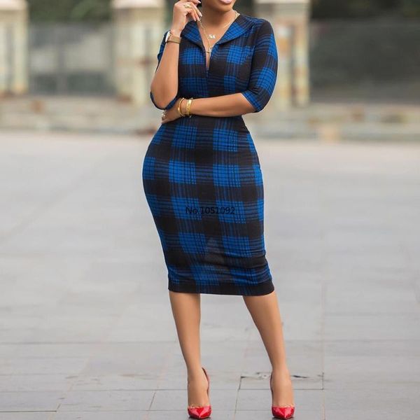 

casual dresses blue plaid women bodycon dress summer vintage office lady work midi robe african 2021 high waist retro female, Black;gray