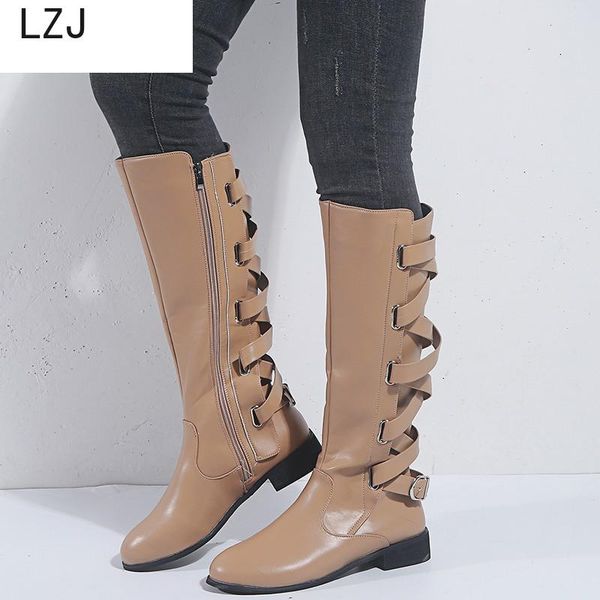 

winter pu leather women knee high boots low heels platform ladies shoes zipper buckle strap vintage riding zapatos mujer, Black
