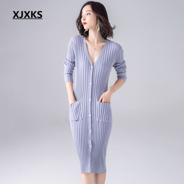 

xjxks 2019 spring and autumn women's knitting long cardigan fashion v-neck comfortable single-breasted women's sweater dress, White;black