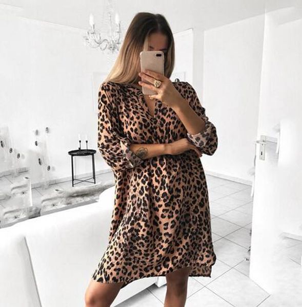 

leopard women v neck dress fashion long sleeve irregular hem loose printing straight dresses femme sundress casual clothes, Black;gray