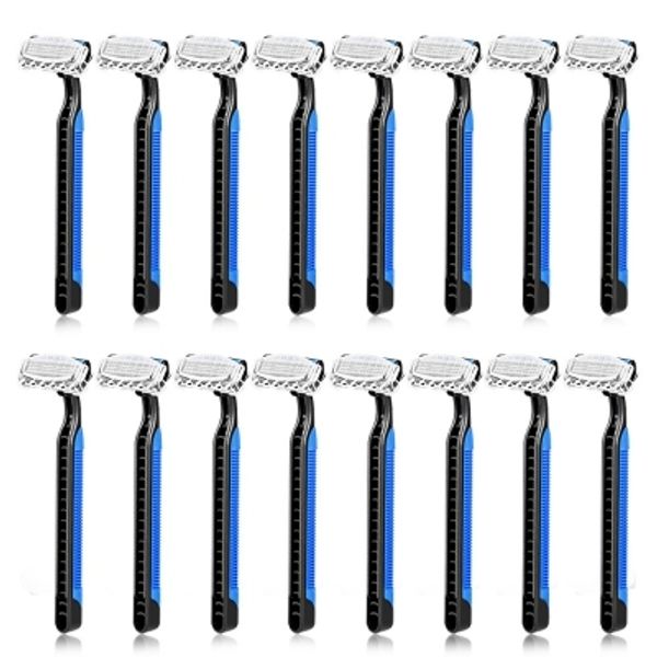 

16pcs manual shavers water resistant disposable razors men l three-layer blade blue and black