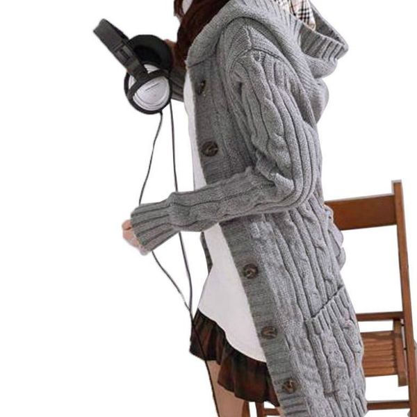

hooded knitted cardigan trench coats outwear twisted crocheted sweater with hat belt single-breasted long sleeve jacket, White