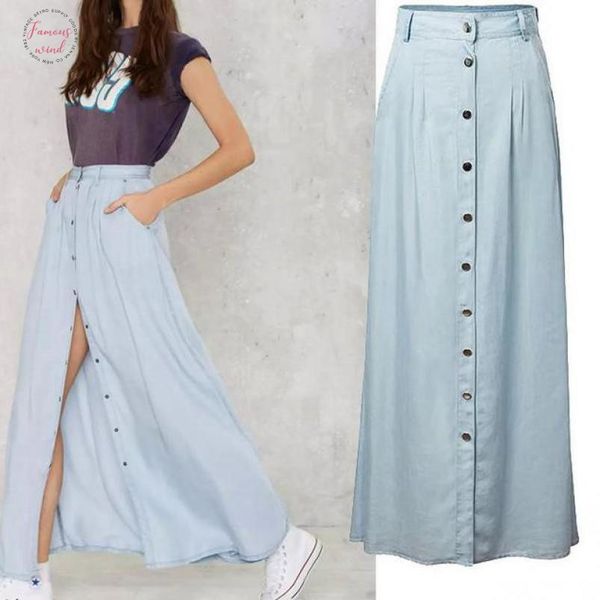 

2020 floor length long skirts for women wash old single breasted denim skirt high waist faldas largas elegantes ing, Black