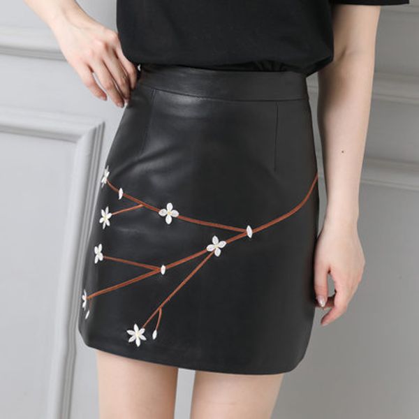 

2019 women slim genuine sheep leather skirt p16, Black