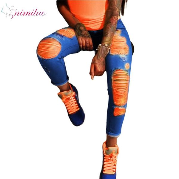 

women's jeans street trendy light color hole, Blue