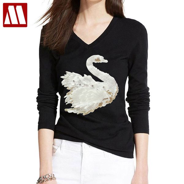 

2019 new england style fashion summer student girls swan feathers embroidered cotton t-shirt casual long sleeved tees women, White