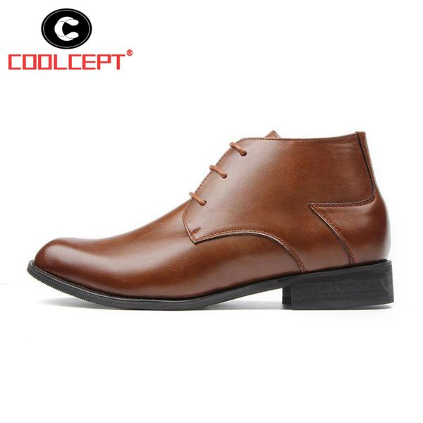 

coolcept men ankle boots solid color round toe autumn winter business leather short boots concise leisure men shoes size 38-44, Black