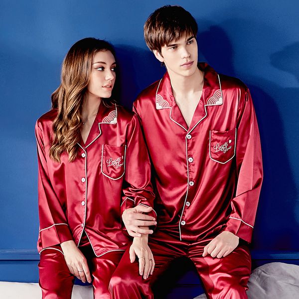 

xifenni silk pajama sets female faux silk couple sleepwear man woman red long-sleeve nightwear 2-pieces x9934, Blue;gray