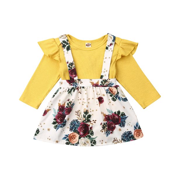 

2pcs infant baby girl clothes long sleeve knitting bodysuit yellow +flower strap skirt outfit set autumn clothing, Pink;blue