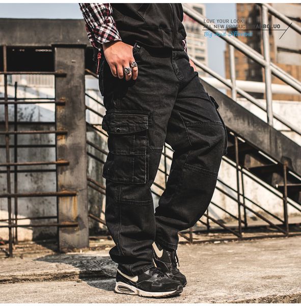 

japanese style mens hip hop baggy jeans multi pockets men casual loose fit black cargo jeans plus size denim pants 42 44 46, Blue
