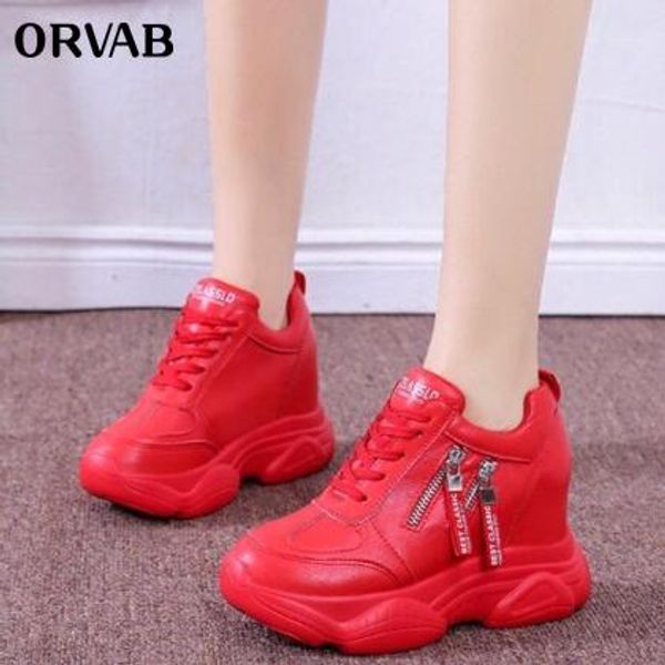 

women's boots fall winter woman sneakers high heel heighten women shoes two zipper decoration white red shoes brand, Black