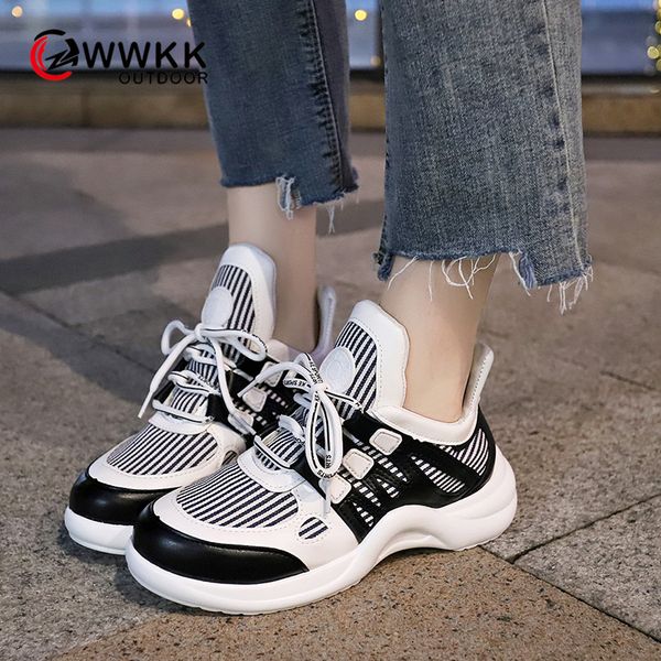 

wwkk women sneakers 2019 autumn casual flat platform chunky shoes woman breathable walking lace up ladies sneakers