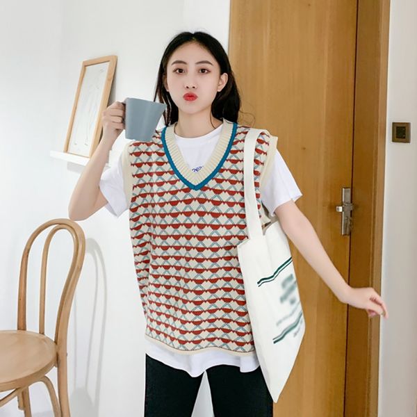 

autumn sweater vest women fashion sleeveless v-neck knitted vest female geometry pattern pullovers, Black;white