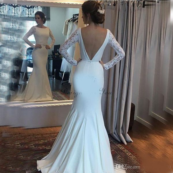 

gorgeous backless lace mermaid wedding dresses jewel long sleeve sweep train garden country beach bridal gowns vestidos de novia, White