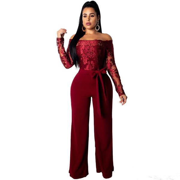 

elegant off shoulder lace jumpsuit women long sleeve wide leg pants women jumpsuit slim evening club party overalls romper, Black;white