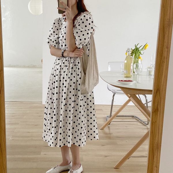 

alien kitty classic polka dot round neck backless 2020 sweet slender new summer all match lantern sleeve loose thin dress, Black;gray