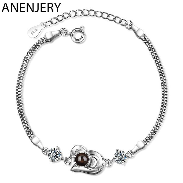 

anenjery 925 sterling silver heart shaped bracelets for women projection jewelry valentine's mother's gift s-b258, Black