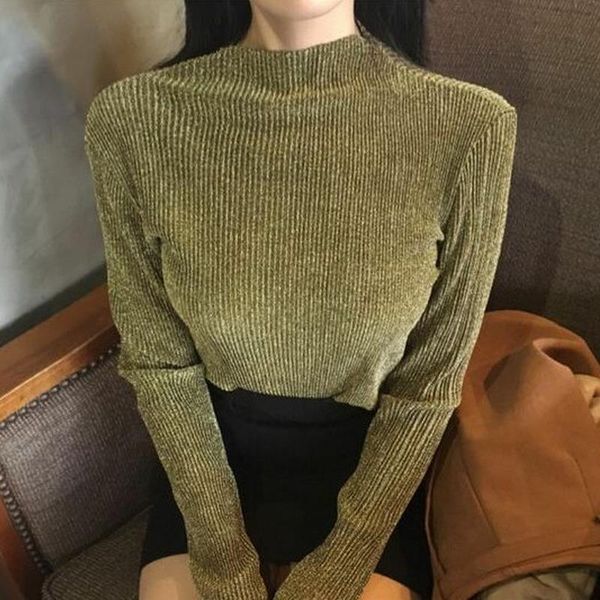 

new women long sleeve show thin shiny glitter bling joker pleated metal base t shirt woman, White