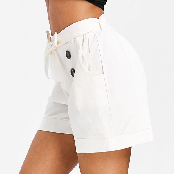 

women fashion high waist straight button embellished pocket wide leg shorts women high waisted short mini button short pants, White;black