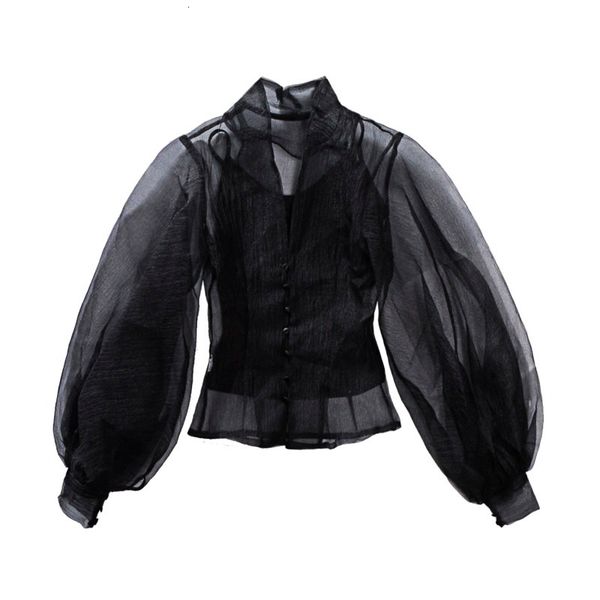 

ladies blouses for women hollow out shirt female stand collar lantern sleeve spandex tunic shirts spring fashion large size clothing, White