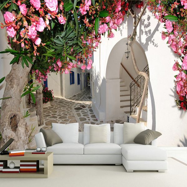 

Mediterranean Style Street Town City Landscape Wall Mural Wallpaper Spatial Extension Personality 3D Room Decor, The picture color