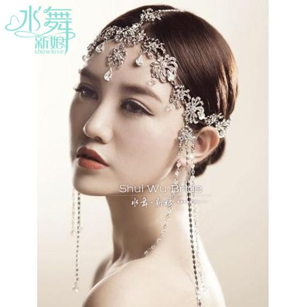 

korean crystal head chain tassel frontlet bridal hair accessories wedding hair jewelry soft chain wholesale, Golden;white