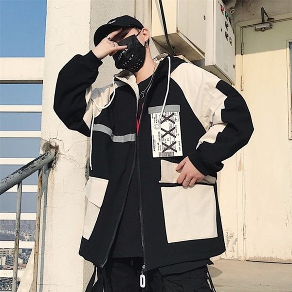 

side pockets reflective windbreaker track jackets streetwear men 2019 hip hop full zip stripe coats fashion male hoodies jackets, Black;brown