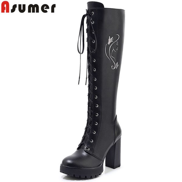 

asumer 2020 new knee high boots women round toe zip genuine leather boots thick high heels shoes platform autumn winter, Black