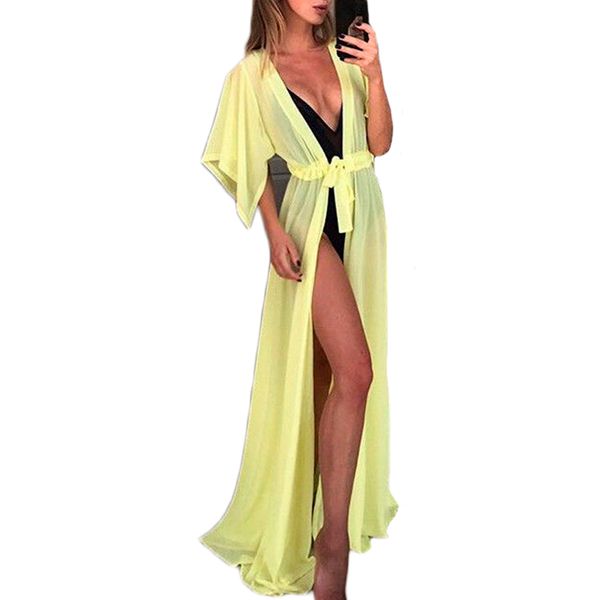 

sell 2018 womens pareo cover ups solid loose split short sleeve bandage long bikini blouses cardigan bathing suit cover ups, Blue;gray