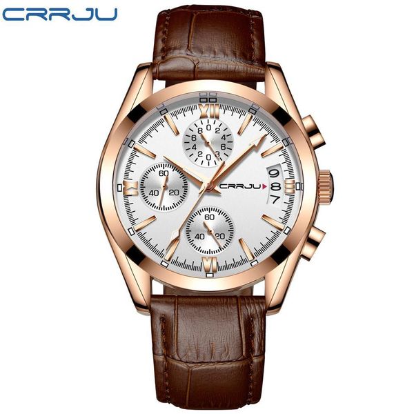 

crrju men military watches male black dial business quartz watch men's leather strap waterproof clock date multifunction mens watches, Slivery;brown