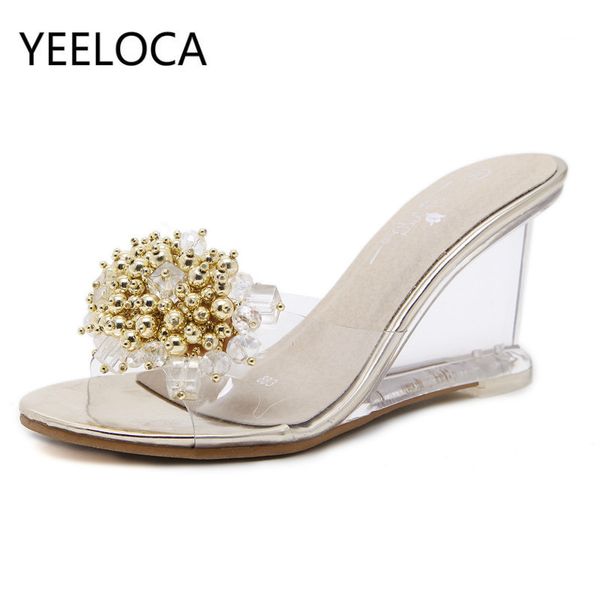 

yeeloca women crystal sandals wedge sandals 2019 summer crystal transparent high heels glass rhinestone slippers, Black