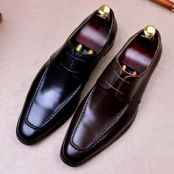 

vintage man formal dress derby shoes retro genuine leather handmade wedding flats classic pointed toe laces men's footwear ss510, Black