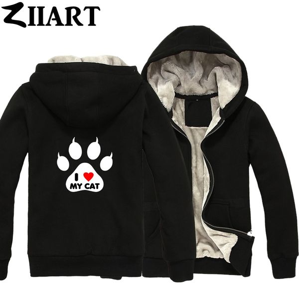 

i love my cat pet pad print red heart couple clothes boys man male full zip autumn winter plus velvet parkas ziiart, Black