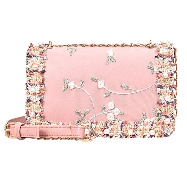 

flowers women bag new handbag pu leather sweet girl square bag flower pearl chain shoulder messenger bag(pink