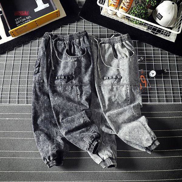 

2019 autumn new korean version of the loose couple trend fashion street feet jeans casual pants streetwear hip hop, Blue