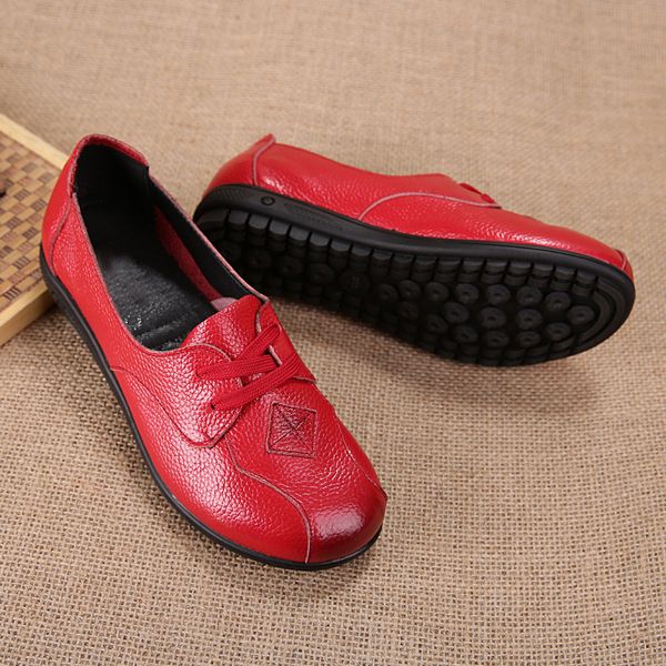 

2019 new spring/autumn handmade genuine leather comfortable round toe lace-up shallow soft sole womens flat shoes, Red;white