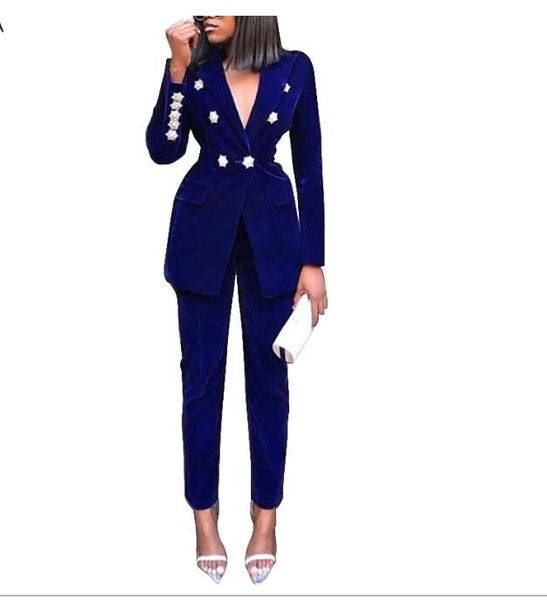 

work pant suits 2 piece set for women business interview suit set uniform navy blue buttons pants and blouse office lady suit, White;black