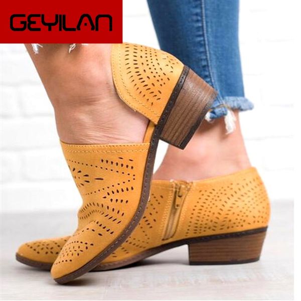 

fretwork boots women spring autumn low chunky heel pointed toe side zip pumps short ankle shoes hollow out retro boot, Black