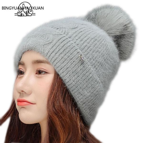 

bingyuanhaoxuan fur knitted hat cap winter women's hat warm wool beanie hairball outdoor sport skullies beanies gorro, Blue;gray