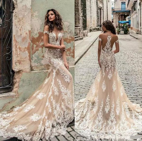 

berta new arrival champagne wedding dresses sheer jewel neck lace appliqued short sleeves mermaid bridal gowns court train, White