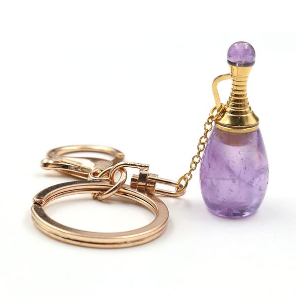 

5 pcs gold plated geometric amethyst stone essential oil bottle key chain rock crystal charm jewelr, Slivery;golden