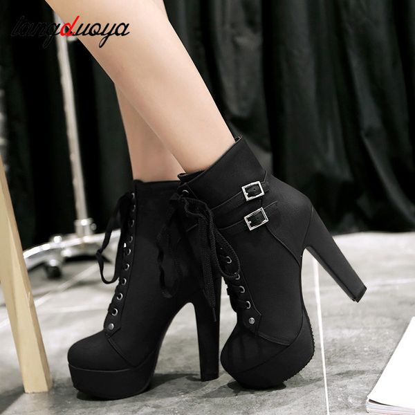 

platform high heel boots women ankle boots for women high heels motorcycle boots platform shoes large size 42 bota feminina ly191224, Black
