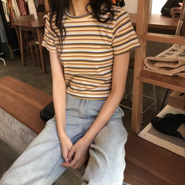 

rainbow girl's sweet horizontal stripe short-sleeved t-shirt versatile loose round collar student female rainbow girl's sweet hori, White