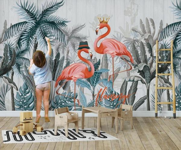 

dropship custom 3d wallpaper mural nordic retro coconut wood board flamingo background wall decoration mural wallpaper
