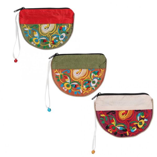

fashion women handcraft arch embroidery bag with small bell pendant portable jewelry storage bag coin purse organizer holder a, Black;blue