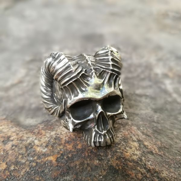 

unique horned devil skull rings mens satan demon 316l stainless steel ring silver color punk biker jewelry